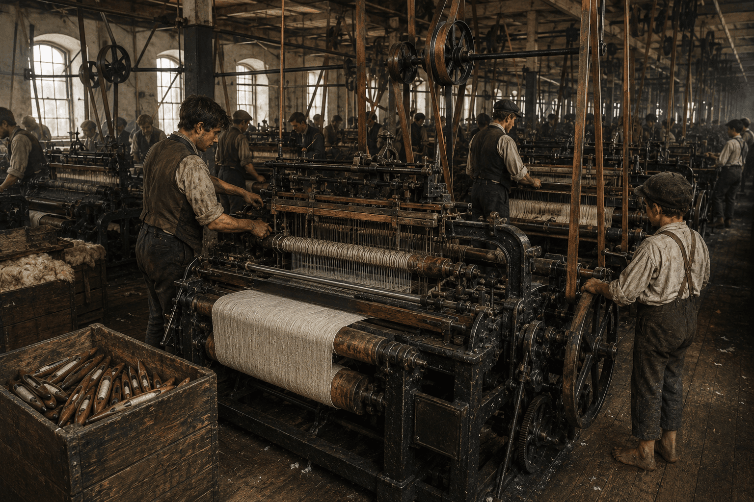 Historic power-loom factory floor with workers tending rows of belt-driven weaving machines.